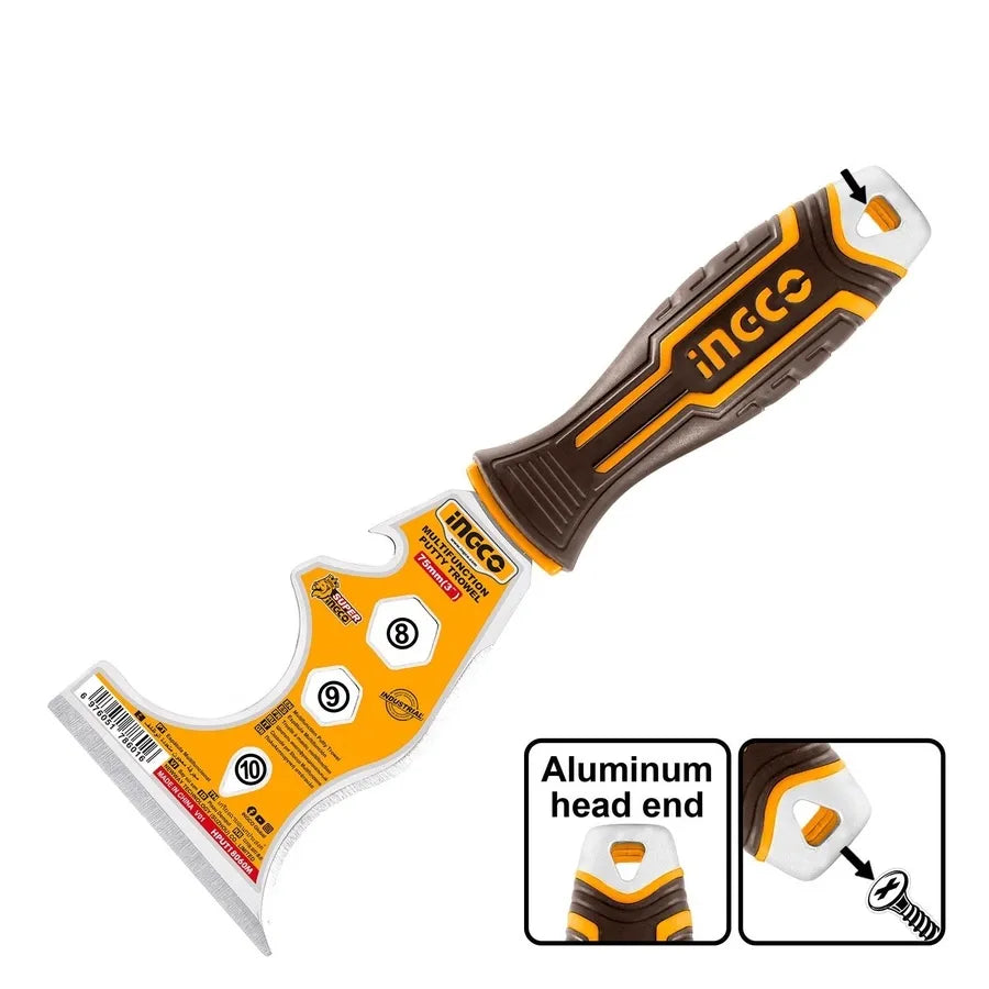 Title Ingco Multi-Function Putty Trowel | Premium Stainless Steel Scraper and Spackling Knife with Ergonomic Soft Grip (HPUT18060M)
