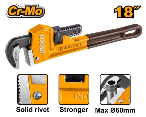 Ingco 18-Inch  Pipe Wrench | 450mm Ductile Cast Iron Lever Plumber Spanner with Cr-Mo Mobile Jaw (HPW0818)