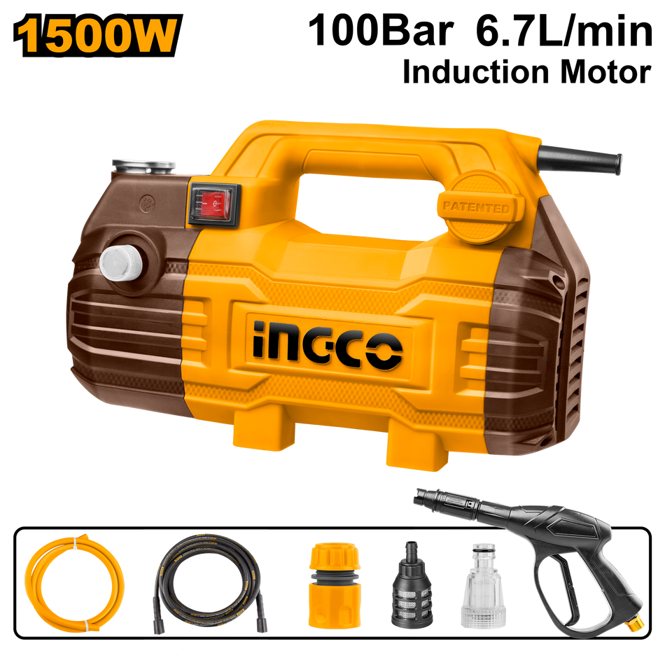 INGCO 1500W High-Pressure Washer (HPWR15028) – 100 Bar (1450 PSI) Max Pressure with Copper Wire Induction Motor, 6.7L/min Flow Rate, Features Self-Absorbing Water Filter, Includes Water Spray Gun & 8m Metal High-Pressure Hose