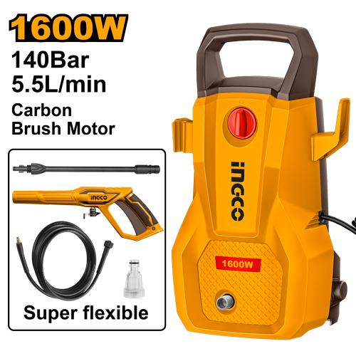 INGCO 1600W High-Pressure Washer (HPWR16008) – 130 Bar (1900 PSI) Max Pressure with High-Performance Carbon Brush Motor, 5.5L/min Flow Rate & Auto-Stop System, Includes Water Spray Gun & 5m High-Pressure Hose