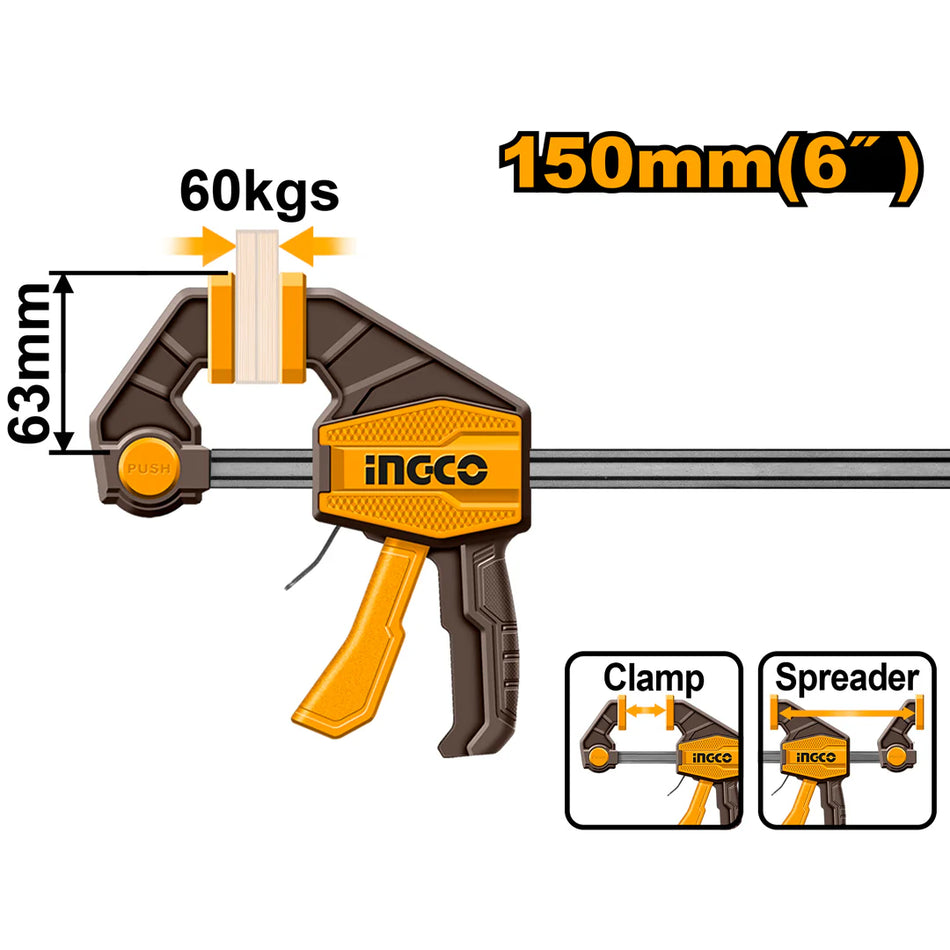 INGCO 6" (63x150mm) Quick-Release Bar Clamp – 60kg Max Clamping Force, Heavy-Duty 5x18mm Steel Bar, One-Handed Trigger Release, and Non-Marring Protective Jaws (HQBC01601)