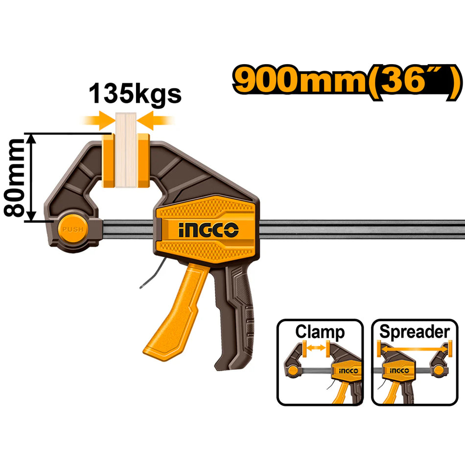 Ingco 36-Inch Heavy-Duty Quick Bar Clamp and Spreader – Professional 900mm Woodworking Clamping Tool with 135kg Max Clamping Force (HQBC36803)