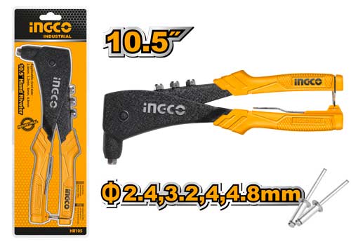 INGCO 10.5" Heavy-Duty Hand Riveter – High-Strength Aluminum Alloy Body, 4 Interchangeable Nosepieces (2.4mm, 3.2mm, 4.0mm, 4.8mm), and Non-Slip Ergonomic Grip (HR105)
