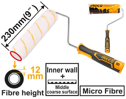 Ingco 9" Inner Wall Paint Roller Cylinder Brush | 230mm Premium Microfiber Decorating Roller with 8mm Shank (HRHT042301D)