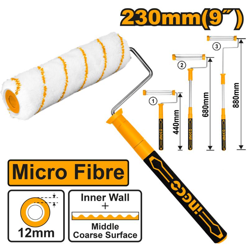 Ingco 9" Telescoping Paint Roller Cylinder Brush | 3-Section Adjustable Aluminum Extension Pole Smooth-Glide Roller Set (HRHT442302T)