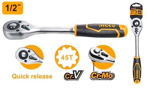 Ingco 1/2" Dr. Professional Ratchet Wrench | 45T High-Torque Cr-V Quick-Release Socket Wrench with Ergonomic Two-Color Comfort Handle Layout (HRTH0812)