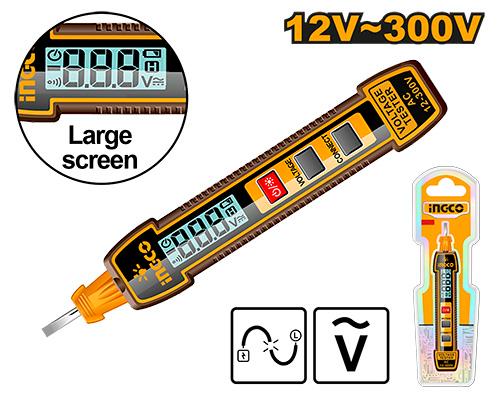 INGCO AC 12V–300V Digital Voltage Tester Pencil – LCD Screen, Dual Sound & Light Alarm, Auto Power Off, and Included LR03 AAA Battery (HSDT33001)