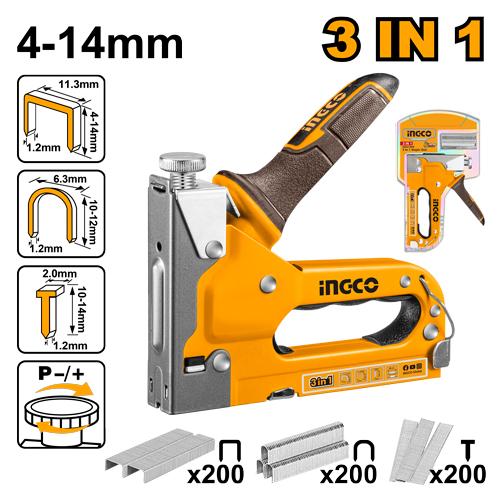 Ingco 3-in-1 Professional Heavy-Duty Staple Gun | Multi-Functional Tacker Kit with Adjustable Impact Force and 600 Starter Fasteners (HSG1405)