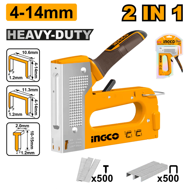 Ingco 2-in-1 Staple Gun | Dual-Function Manual Tacker for Wire and Flat Crown Staples (HSG1408)