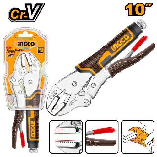 Ingco 10-Inch Professional Heavy-Duty Straight Jaw Locking Pliers – Industrial Chrome-Vanadium Steel Vice Grip Wrench with Adjustable Tension and Quick Release Mechanism (HSJP0210)