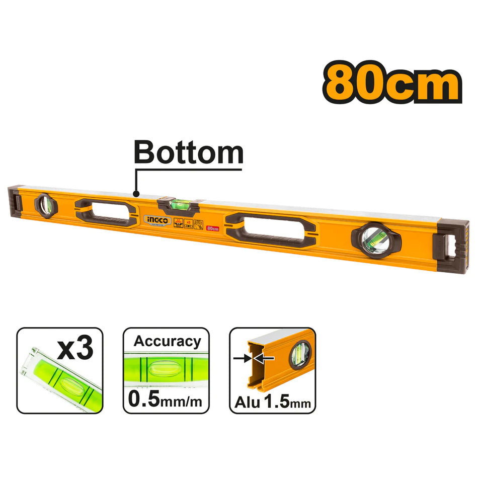 Ingco 80cm Aluminum Spirit Level | 1.5mm Thick Heavy-Duty Precision Leveling Bar with V-Shape Groove (HSL08080)