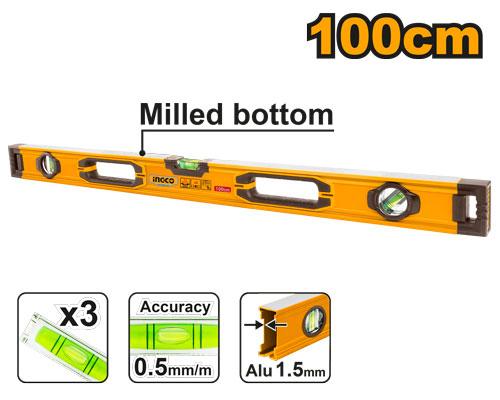 INGCO 100cm (1 Metre) Industrial Heavy-Duty Aluminum Spirit Level – 1.5mm Extra-Thick Frame, 0.5mm/m High-Accuracy Vials, Double-Side Milled Surfaces, and Integrated V-Groove (HSL08100)