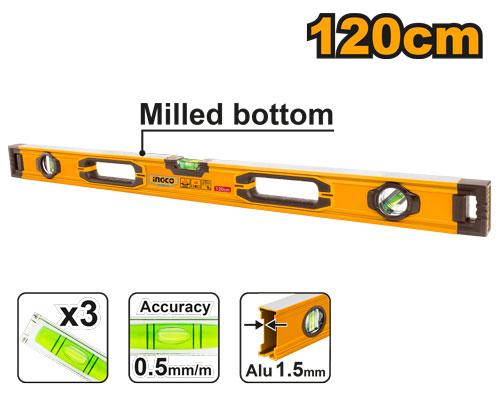 Ingco 120cm Industrial Aluminum Spirit Level | 3-Vial Precision Measuring Rule with Double-Side Milled Base (HSL08120)