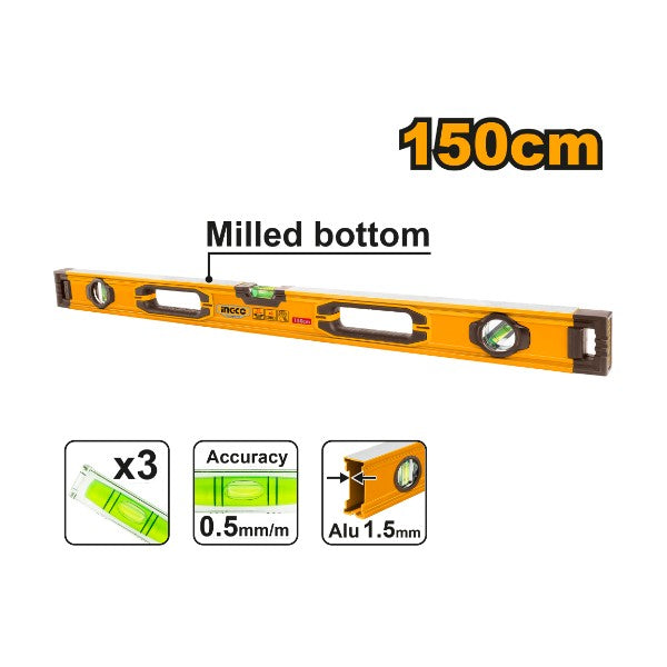 INGCO 150cm Heavy-Duty Aluminum Spirit Level – 1.5mm Frame Thickness, High-Precision 0.5mm/m Vials, Double-Side Milled Surfaces, and V-Groove Base (HSL08150)