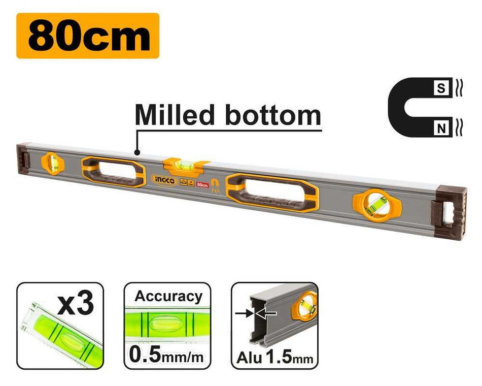 INGCO 80cm Heavy-Duty Aluminum Spirit Level with 4 Powerful Magnets – Precision Milled Dual-Flat Measuring Surfaces and 0.5mm/m Shockproof Acrylic Vials (HSL38080M)