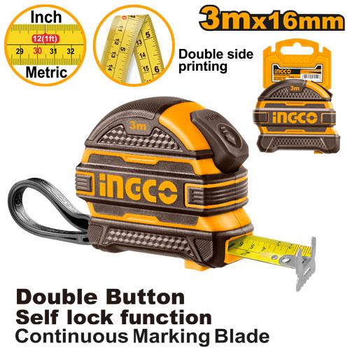 Ingco 3m X 16mm Steel Measuring Tape | Dual Unit Metric and Inch Measuring Tool with Ergonomic Compact Case (HSMT08316)