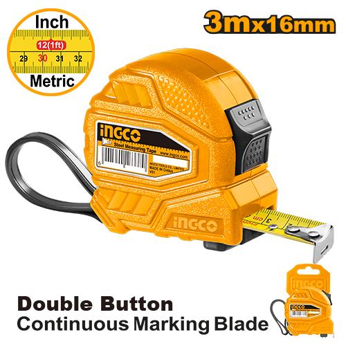 Ingco 3m X 16mm Steel Measuring Tape | Dual Unit Metric and Inch Measuring Tool with Double Button Lock and Pure ABS Cover (HSMT26316)