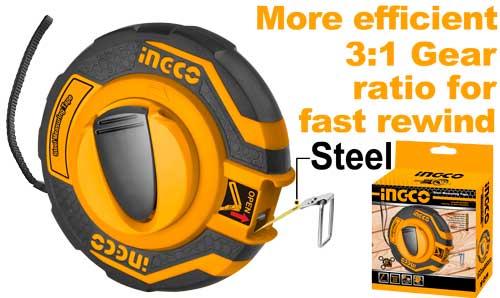 INGCO 30m x 12.5mm Long Steel Measuring Tape (Dizmètre / Mètre Ruban en Acier) – 3:1 Fast Rewind Gear Ratio, All-Rubber Impact Cover, Metric & Inch Markings, and Integrated Handle (HSMT8430)