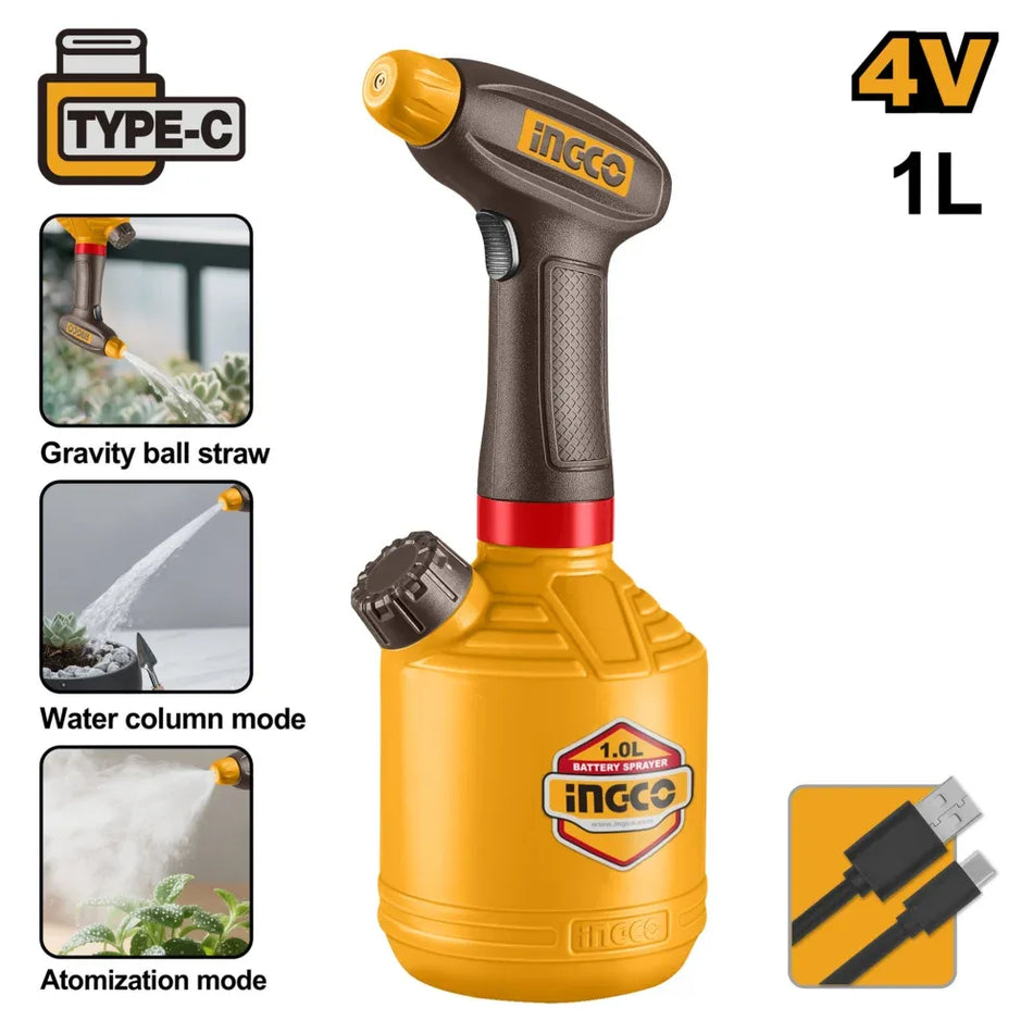Ingco 4V Cordless 1.0L Handheld Battery Sprayer (HSPP3701) – Rechargeable Compact Automatic Spray Bottle with Type-C Charging & Gravity Ball Straw