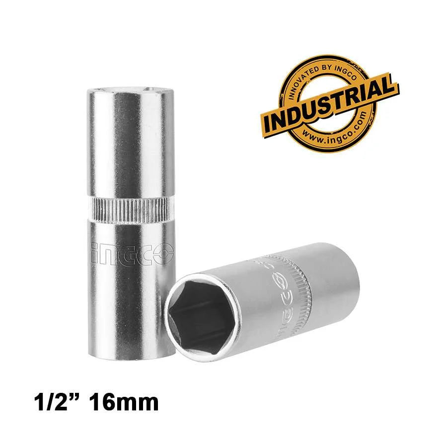 Ingco 1/2-Inch Drive 16mm Spark Plug Socket | Premium Chrome Vanadium Steel Deep Magnetic Mechanics Socket for Automotive Maintenance (HSPS12161)