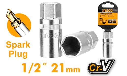 Ingco 1/2-Inch Drive 21mm Spark Plug Socket | Deep Chrome Vanadium Steel Hex Socket with Internal Rubber Insulator (HSPS12211)