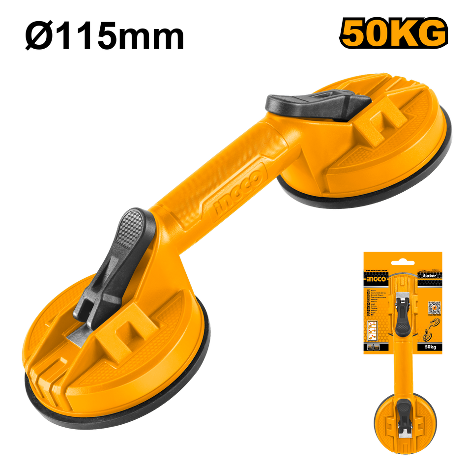 INGCO 50kg Heavy-Duty Double Suction Cup Glass & Tile Lifter (Ventouse de Manutention Double) – 115mm Rubber Cups, ABS Body, Quick Locking Levers, and Non-Slip Handle (HSU025001)