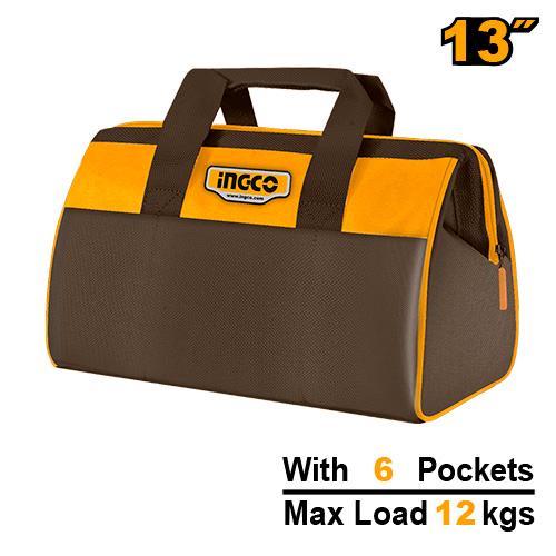 Ingco 13-Inch Professional Heavy-Duty Canvas Tool Bag with 6 Pockets – High-Capacity Multi-Pocket Mechanics Storage Organizer Tote with Reinforced 12KG Weight Limit (HTBG281328)