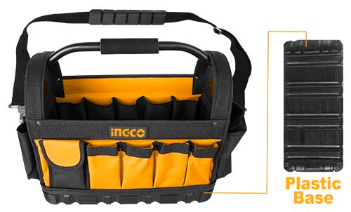 INGCO 16-Inch Heavy-Duty Open-Top Tool Bag – Premium 600D Polyester Organizer with Rigid Steel Handle, Reinforced Waterproof Plastic Base, and 21 Storage Pockets (HTBGL01)
