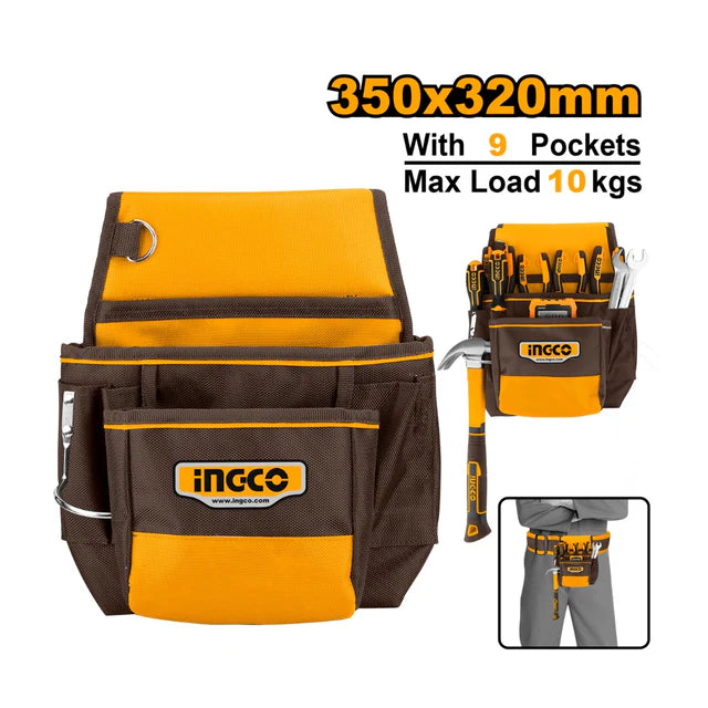 Ingco 9-Pocket Tool Pouch | 1680D Polyester Waist Belt Organizer Carrier with Hammer Holder (HTBP010128)