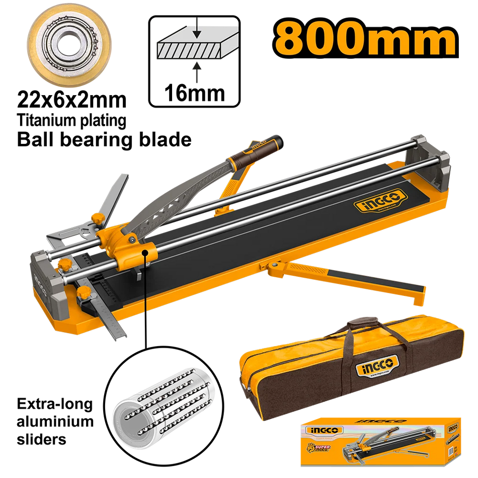 INGCO 800mm Professional Heavy-Duty Manual Tile Cutter – Tungsten Carbide Ball-Bearing Scoring Wheel (22x6x2mm), 16mm Max Cutting Thickness, Aluminum Die-Cast Handle, and Included Fabric Carrying Bag (HTC04802)