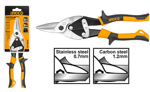 INGCO 10" (250mm) Straight Cut Aviation Snips (Cisaille Aviation) – Chrome Vanadium (Cr-V) Steel Blades, Compound Leverage Mechanism, 1.2mm Carbon Steel Capacity, and Two-Tone Soft Grip (HTSN0110S)