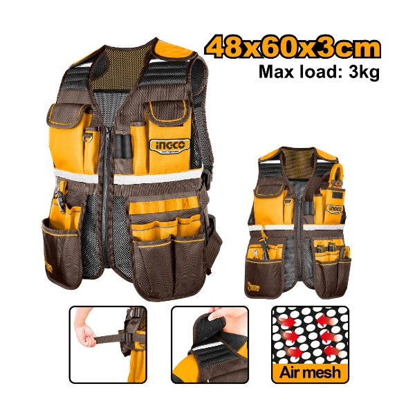 INGCO Professional 17-Pocket Breathable Air-Mesh Tool Vest 48x60x3cm (Gilet Porte-Outils) – 3kg Load Capacity, Fully Adjustable Shoulder & Waist Straps, and Heavy-Duty Zipper Closure (HTVT09028)