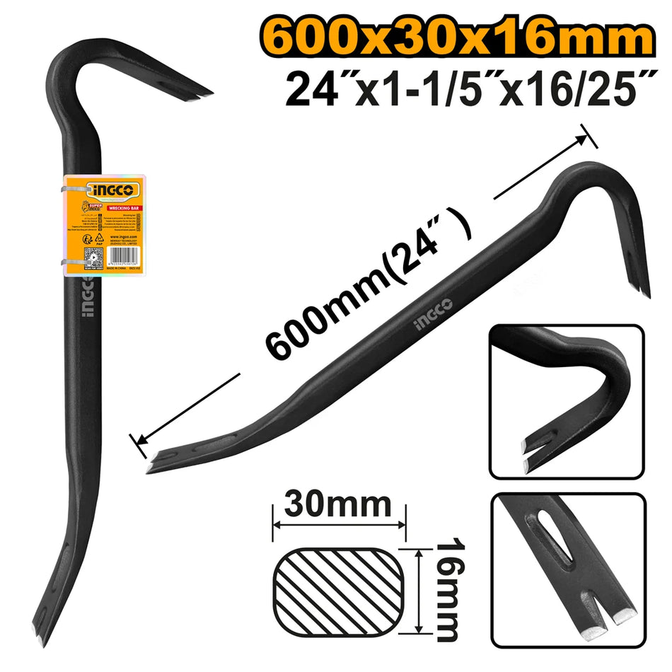 INGCO 24" (600mm) Heavy-Duty Industrial Wrecking Bar – High-Strength Oval Shank, Dual-Angled Nail Puller Claws (30° & 68°), and Drop-Forged Carbon Steel Build (HWBA01242)