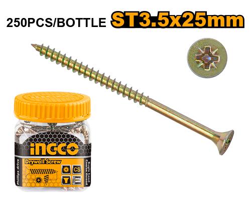 Ingco ST3.5x25mm Yellow Zinc Chipboard Screws (HWBS3502511) – 250-Piece Bulk Bottle Pack High-Performance Heat-Treated Countersunk Wood Fasteners