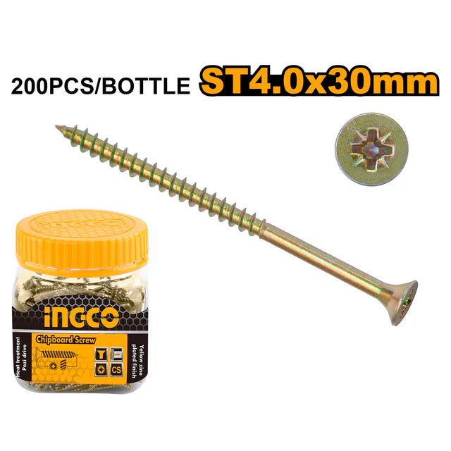 Ingco ST4.0x30mm Yellow Zinc Chipboard Screws (HWBS4003011) – High-Performance Heat-Treated Countersunk Wood Fasteners