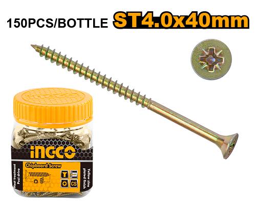 Ingco ST4.0x40mm Yellow Zinc Chipboard Screws (HWBS4004011) – 150-Piece Bulk Bottle Pack High-Performance Heat-Treated Countersunk Wood Fasteners