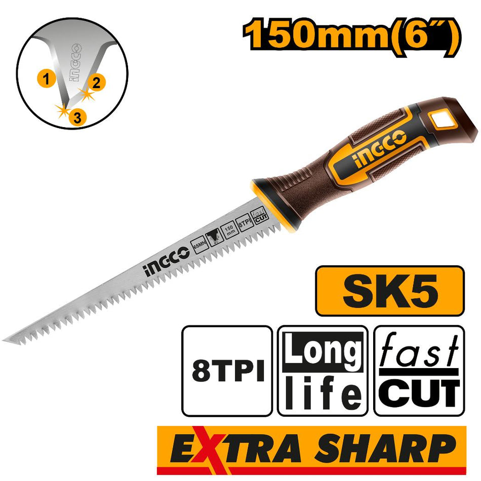 Ingco 6-Inch Industrial Wall Board Saw – Heavy-Duty Taiwan SK5 Steel Drywall Jab Saw with 8 TPI Heat-Treated Triple-Ground Teeth and Ergonomic Non-Slip Handle (HWBSW1506)
