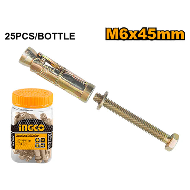 Ingco Heavy-Duty M6 x 55mm Shell Anchor Expansion Bolt Set - 45mm Sleeve Length Zinc-Plated Carbon Steel Concrete Shield Anchors (HWHA0605511)