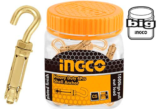 Ingco 4-Piece M6 x 75mm Shell Anchor Expansion Bolt Set - 40mm Sleeve Length Zinc-Plated Carbon Steel Concrete Shield Anchors Pack (HWHA0607531)
