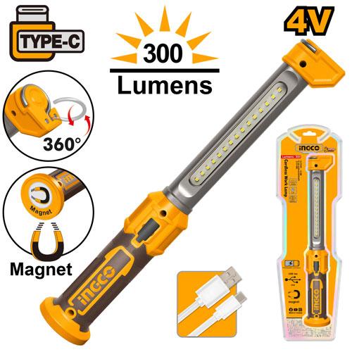 INGCO 3.5W Rechargeable Li-Polymer Cordless Work Lamp (HWLI043006) – 2-Stage Brightness (300/75 Lumens), Built-In Magnetic Base & Hidden Folding Hook for Hands-Free Operation, Includes USB Charging Cable