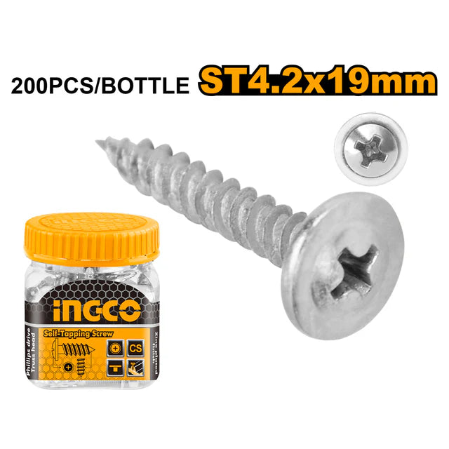 Ingco 19mm #8 Professional Truss Head Self-Tapping Screws - 200-Piece Zinc-Plated Carbon Steel Sheet Metal Fastener Pack (HWPS4201921)