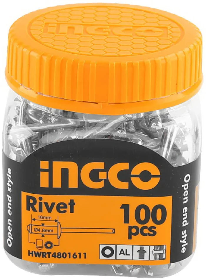 Ingco 4.8mm x 16mm Professional Aluminum Blind Rivets - 100-Piece High-Strength Open-End Dome Head Pop Rivet Set (HWRT4801611)