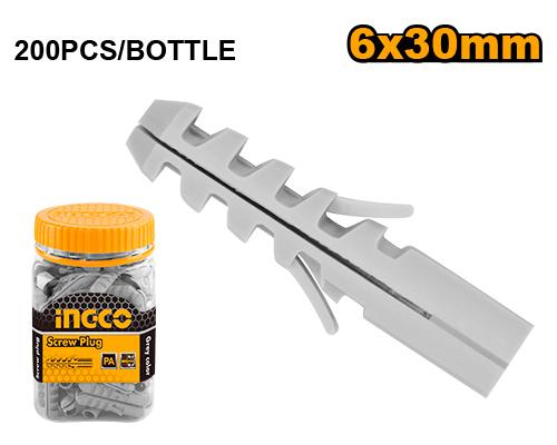 Ingco 6x30mm Grey Wall Screw Plugs (HWSP0603011) – 200-Piece Bulk Bottle Pack High-Anchoring Nylon Expansion Fasteners