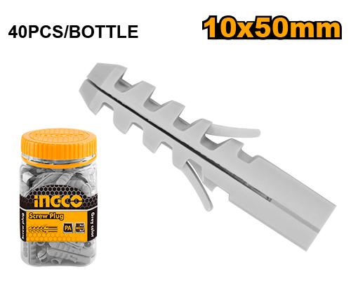 Ingco 10x50mm Grey Wall Screw Plugs (HWSP1005011) – 40-Piece Bulk Bottle Pack High-Anchoring Nylon Expansion Fasteners