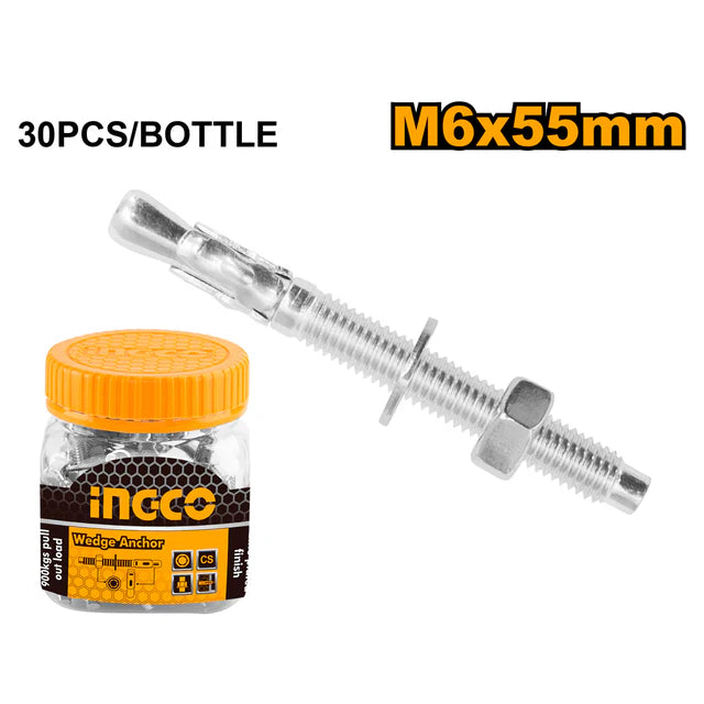 Ingco 6x55mm Carbon Steel Wedge Anchors (HWWA0605511) – High-Performance Heavy-Duty Concrete Expansion Bolt Fasteners