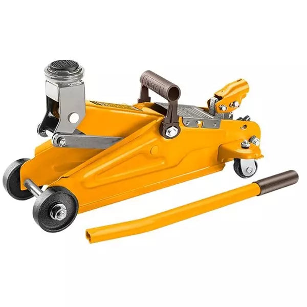 INGCO 2-Ton Hydraulic Floor Jack (Cric Roulant Hydraulique) – Low-Profile 85mm Min Clearance, 330mm Max Lifting Height, 360° Rear Swivel Casters, and Overload Safety Valve (HFJ202)