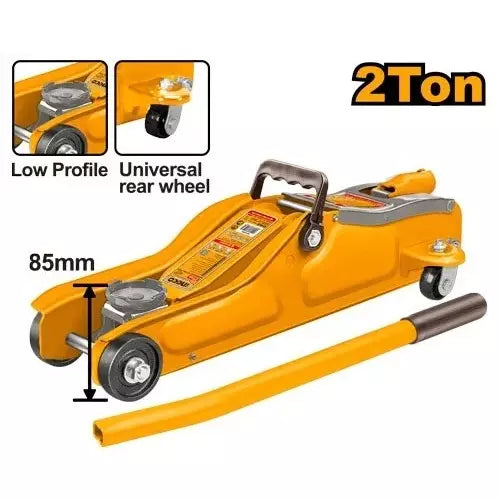 INGCO 2-Ton Hydraulic Floor Jack (Cric Roulant Hydraulique) – Low-Profile 85mm Min Clearance, 330mm Max Lifting Height, 360° Rear Swivel Casters, and Overload Safety Valve (HFJ202)