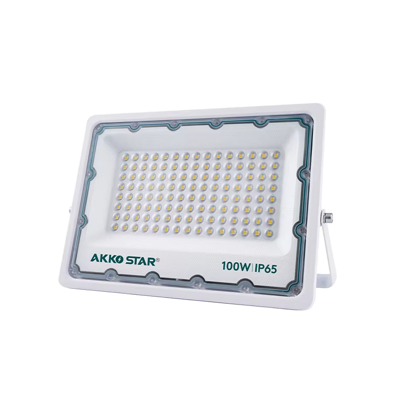 Akko Star 100W Wide-Beam Outdoor LED Floodlight (504752) – White Edition | Heavy-Duty IP65 Waterproof Commercial Security Spotlight, Adjustable Mounting Bracket