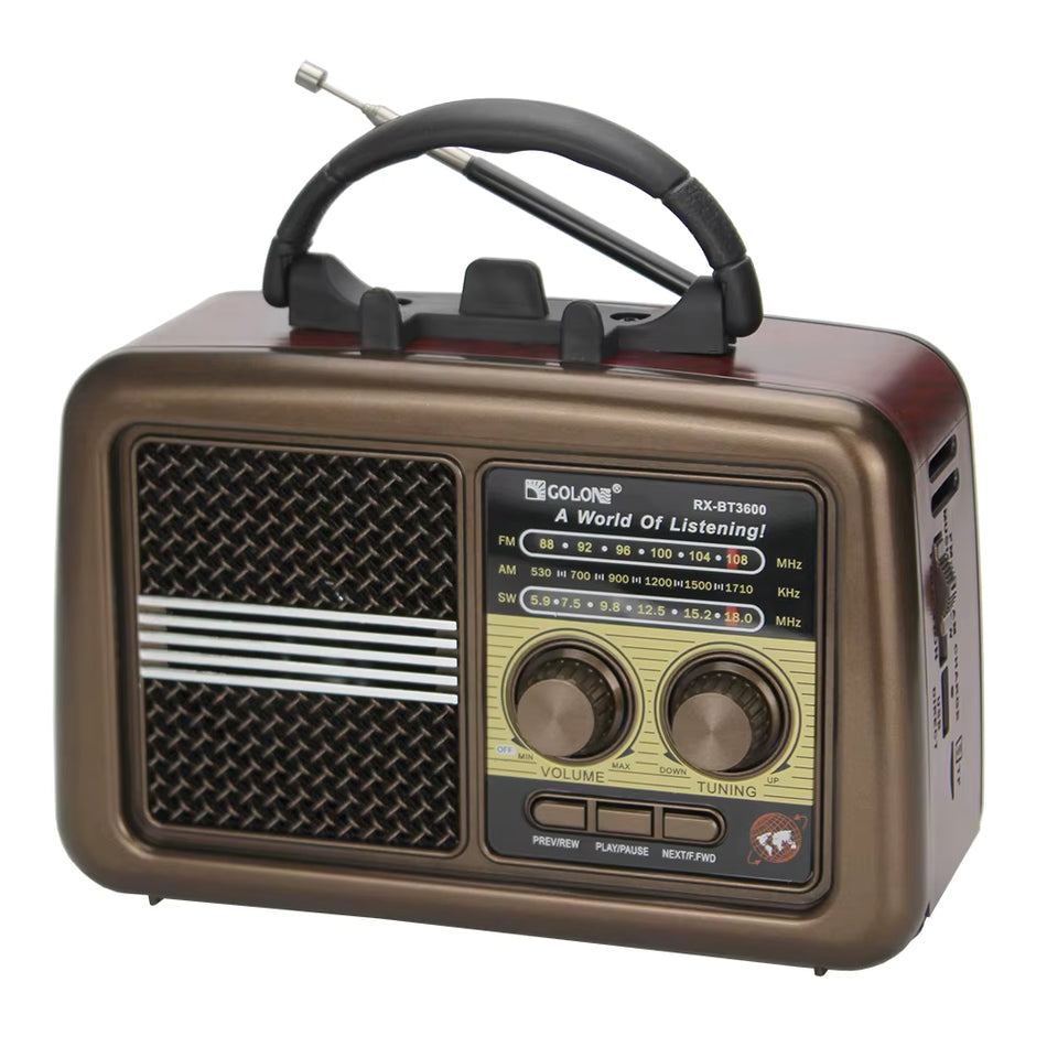 Golon Multi-Band Retro Wireless Radio with Bluetooth & Solar Charging (RX-12BT) | Portable AM/FM/SW Radio Receiver with Built-In LED Flashlight & Rechargeable Battery