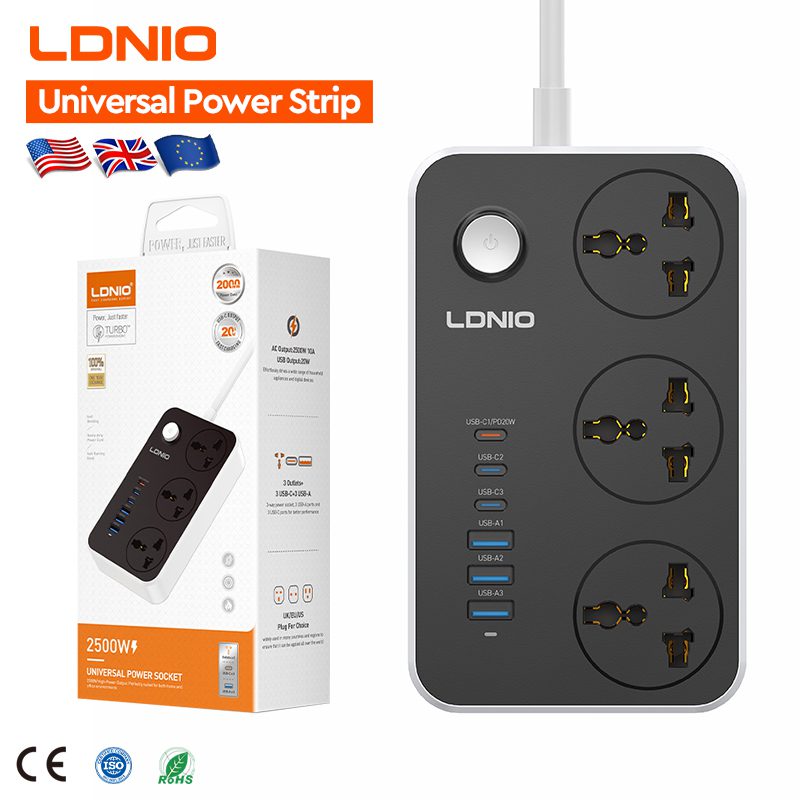 LDNIO SC3604C Universal Power Strip | 3-Way AC Outlets (US/EU/UK Plug) | 6 USB Ports with 20W PD | 2M Power Cord | Waterproof Outdoor Design